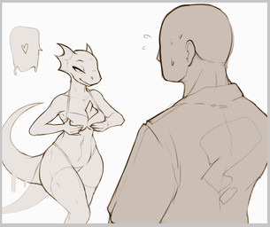 anthro bikini bodily_fluids border breasts clothing duo female flying_sweatdrops grey_border hand_on_breast heart_symbol legwear male paper question_mark speech_bubble sweat sweatdrop swimwear tail tail_motion tailwag thigh_highs two-piece_swimsuit wide_hips unknown_artist bethesda_game_studios microsoft oblivion prequel_adventure the_elder_scrolls anon quill-weave argonian human lizard mammal reptile scalie