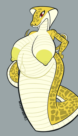anthro apode areola belly big_areola big_belly big_breasts big_tail breasts female hand_on_hip legless long_tail navel nipples nude outie_navel pregnant pupils red_eyes scales serpentine simple_background slit_pupils snake_hood solo tail text wide_hips yellow_body drwrandom cobra draconcopode reptile scalie snake artist_name digital_media_(artwork) flat_colors hi_res signature