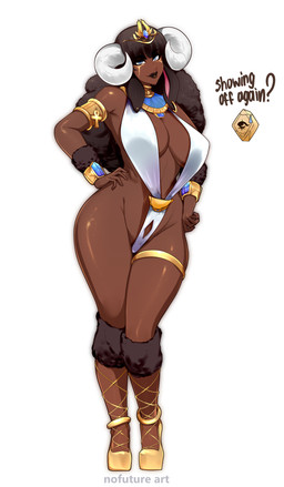 armlet bangs big_breasts blue_eyes bracelet breasts brown_body brown_hair brown_skin crown female glistening glistening_body glistening_skin gold_(metal) hair headgear horizontal_pupils horn jewelry pupils solo tiara nofuture animal_humanoid bovid bovid_humanoid caprine caprine_humanoid humanoid mammal mammal_humanoid sheep_humanoid 2025 absurd_res hi_res