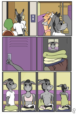 4_fingers adolescent adolescent_anthro anthro base_three_layout blockage_(layout) breasts brown_eyes clothed clothing eight_frame_image eyelashes female female_adolescent fingers flat_chested four_frame_grid fur grey_body grey_fur grey_hair group hair horizontal_blockage locker locker_room long_ears nipples nude number page_number school short_hair teeth three_row_layout underwear undressing young young_anthro thunderouserections study_partners jennifer_(study_partners) tammy_(study_partners) asinus cheetah deer donkey equid equine felid feline mammal reptile scalie turtle 2:3 comic hi_res