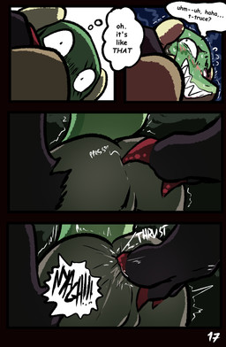 abuse anal anal_fingering anthro anthro_on_feral bestiality black_body black_fur bodily_fluids butt clothed clothing dialogue duo female feral fingering forced fur horn male male/female pinned pinned_to_ground rape sex size_difference speech_bubble sweat tail tears text brradett lernie_(brradett) canid canine mammal scalie absurd_res colored comic english_text hi_res