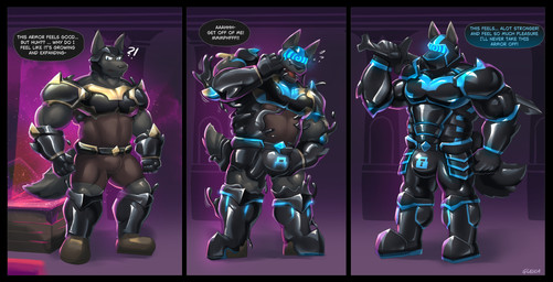 anthro big_muscles biped black_body black_fur chastity_bulge chastity_device cursed_armour cursed_clothing drone dronification fur goo_transformation holding_melee_weapon holding_object holding_sword holding_weapon hypnosis knight knight_armor lock_bulge male melee_weapon mind_control muscular muscular_anthro muscular_male solo standing sword transformation warrior weapon glaucablitz canid canine canis mammal wolf 2025 hi_res