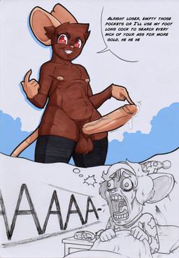 anthro ball_tuft balls big_balls big_penis bodily_fluids brown_body erection genitals glans looking_at_viewer male nipples nude penis red_eyes simple_background smile solo tail text tuft vein veiny_penis white_background rotten_owl mammal mouse murid murine rodent absurd_res english_text hi_res traditional_media_(artwork)