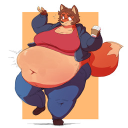 anthro belly belly_expansion big_belly big_breasts biped blush bodily_fluids breasts brown_hair clothed clothing coffee_cup container cup dessert dipstick_tail doughnut eating expansion exposed_belly eyewear female flying_sweatdrops food fur glasses hair holding_coffee_cup holding_container holding_cup holding_food holding_object hoodie looking_down looking_down_at_self markings navel obese obese_anthro obese_female on_one_leg orange_body orange_fur overweight overweight_anthro overweight_female pastry plantigrade solo standing surprised sweat sweatdrop tail tail_markings tan_body tan_fur thick_thighs topwear weight_gain subakitsu canid canine fox mammal 1:1