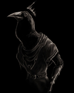 ambiguous_gender anthro armor beak belt biped black_background crown feathers floating_crown headgear shawl simple_background solo vambrace louceph dungeons_and_dragons hasbro wizards_of_the_coast sunny_(louceph) avian bird kenku 2018 4:5 english_description greyscale hi_res monochrome female_(lore)