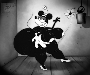 anthro big_breasts big_butt black_body bottomwear breasts butt clothing female footwear hat headgear headwear huge_butt shoes skirt solo thick_thighs rabbit5gamer disney minnie_mouse mammal mouse murid murine rodent hi_res monochrome