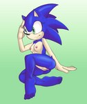 anthro anus blue_body blue_fur breasts crossgender female fur genitals green_eyes hand_on_floor hand_on_forehead pussy sitting small_breasts solo fourssss sega sonic_the_hedgehog_(series) sonic_the_hedgehog eulipotyphlan hedgehog mammal hi_res