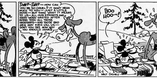 anthro bloomers bottomwear car clothed clothing dialogue female feral fingers footwear frilly frilly_bloomers frilly_bottomwear frilly_clothing gloves group handwear male shoes text trio vehicle floyd_gottfredson roy_nelson disney public_domain mickey_mouse minnie_mouse bovid bovine cattle mammal 1930 20th_century absurd_res ancient_art black_and_white comic english_text hi_res long_image monochrome signature wide_image