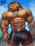 3:4 absurd_res anthro arsalan_(tas) beard big_bulge body_hair brown_body brown_fur bulge chest_hair clothed clothing detailed_bulge erection erection_under_clothing facial_hair felid fur genital_outline happy_trail hi_res lifewonders lion looking_at_viewer male mammal muscular muscular_anthro muscular_male navel nipples outside pantherine penis_outline physen solo swimming_trunks swimwear tokyo_afterschool_summoners vein yellow_eyes