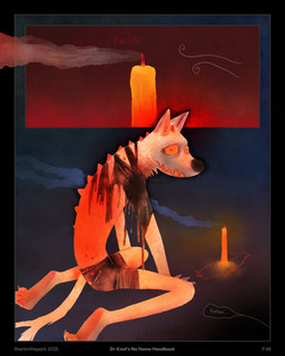 4_toes border candle clothing dialogue feet kneeling orange_eyes sharp_teeth smoke sound_effects speech_bubble spikes spikes_(anatomy) tail teeth text toes torn_clothing worried sharkinthepark rowel_(sharkinthepark) canid canine fox mammal 2025 4:5 absurd_res comic english_text hi_res
