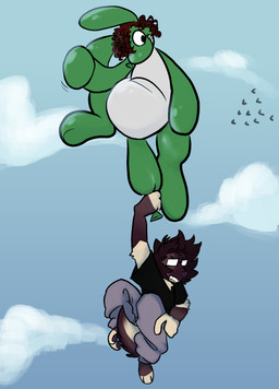 ambiguous_gender anthro balloon balloon_animal belly bottomwear brown_body clothed clothing cloud detailed_background duo eyewear featureless_crotch floating flying fully_clothed glasses green_body grin in_the_air inflatable looking_down male male_anthro pants shirt sky smile tail tail_grab toony toony_expression topwear wearing_glasses white_body midnite_fsnax animate_inanimate canid canine canis domestic_dog living_balloon living_inflatable mammal hi_res