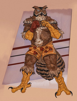 anthro boxing_gloves boxing_shorts clothing eye_scar facial_scar feathers fighting_pose fungus handwear male mushroom pose scar shirtless solo tail tail_feathers plumpenguinn lox_oleum avian bird great_horned_owl horned_owl owl true_owl hi_res