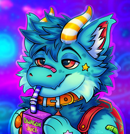 abstract_background anthro backpack collar drinking drinking_straw fur horn male solo text kovied mythology dragon furred_dragon furred_scalie mythological_creature mythological_scalie scalie 2023 english_text headshot_portrait portrait