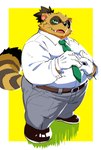 anthro bottomwear brown_body brown_fur clothing cute_fangs fangs fur gloves green_eyes handwear humanoid_hands kemono male necktie overweight overweight_male pants shirt solo teeth topwear gokrakstyle sengoku_puzzle tokugawa_ieyasu canid canine mammal raccoon_dog tanuki 2023 absurd_res hi_res