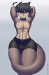 anthro black_bottomwear black_clothing black_hair black_nose black_shorts bottomwear brown_body brown_fur bulge clothed clothing eyebrows femboy front_view frown fur gradient_background green_eyes grey_background hair half-closed_eyes hands_behind_head looking_at_viewer male muscle_tone muscular muscular_anthro muscular_femboy muscular_male narrowed_eyes pecs pose pupils raised_arm raised_arms short_hair shorts simple_background solo tan_body tan_fur thick_eyebrows thick_thighs topless twunk wide_hips mr-shin shin_(mr-shin) mammal mustelid otter river_otter 2021 hi_res pinup