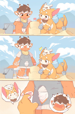 anthro balls barefoot beach blush bone brown_hair casual_nudity clothing crotch_cutout crotchless_clothing cutout diaper duo embarrassed exposed feet flaccid foreskin fur genitals hair horn innocence kneeling male nude orange_body orange_fur overalls penis sand_castle sculpture shirt skull small_penis standing t-shirt topwear wardrobe_malfunction young young_anthro young_male lang_yus league_of_legends mythology riot_games tencent gnar_(lol) dragon mythological_creature mythological_scalie scalie yordle colored comic hi_res sequence