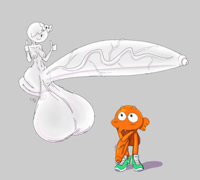 anthro areola balls big_balls big_penis breasts clothing duo footwear genitals ghost_tail green_clothing green_footwear green_shoes grey_background gynomorph hair hair_over_eye huge_balls huge_penis hyper hyper_balls hyper_genitalia hyper_penis intersex male nipples orange_body orange_scales orange_skin penis scales shoes short_hair simple_background translucent translucent_balls translucent_body translucent_penis vein veiny_penis vr457 cartoon_network the_amazing_world_of_gumball carrie_krueger darwin_watterson aquatic fish ghost spirit absurd_res hi_res