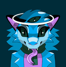 anthro blue_body blue_fur female fur green_eyes long_tongue multi_eye solo tongue lackydayz roxy_(lackydayz) angel domestic_cat felid feline felis hybrid mammal reptile scalie snake hi_res
