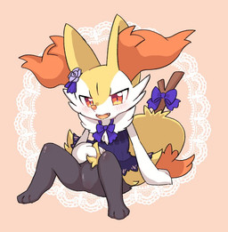 3_toes ambiguous_anthro ambiguous_gender anthro arm_tuft biped black_body black_clothing black_dress black_fur black_legs blue_ribbon blush blush_lines body_blush bottomless bottomless_ambiguous bottomless_anthro cheek_tuft chest_tuft clothed clothing cute_fangs dipstick_tail dress facial_tuft fangs feet flower front_view fur hip_tuft inner_ear_fluff looking_at_viewer markings multicolored_body multicolored_fur object_in_tail official_alternate_costume open_mouth orange_body orange_eyes orange_fur orange_inner_ear_fluff orange_nose orange_tail_tip partially_clothed_ambiguous partially_clothed_anthro plant pointy_ears prick_ears purple_bow purple_clothing purple_flower shoulder_tuft simple_background sitting solo spread_legs spreading stick stick_in_tail tail tail_markings tan_background tapering_snout teeth toes tongue tuft white_body white_fur yellow_body yellow_fur yakiniku628 nintendo pokemon pokemon_cafe_remix braixen canid generation_6_pokemon mammal pokemon_(species) 2022 colored digital_drawing_(artwork) digital_media_(artwork) full-length_portrait japanese_description portrait shaded translated_description