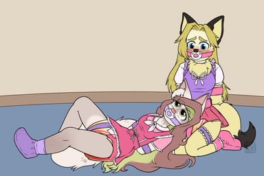 ageplay anthro arms_tied black_body black_fur blonde_hair blue_eyes blush bodily_fluids bottomwear bound brown_body brown_fur brown_hair clothed clothing diaper duo feces female fur gag gagged genital_fluids glistening glistening_eyes green_eyes green_hair hair hands_behind_back infantilism kneeling long_hair lying multicolored_hair object_in_mouth on_back pacifier pacifier_gag pacifier_in_mouth pink_bottomwear pink_clothing pink_pacifier pink_skirt pink_topwear purple_clothing purple_pacifier purple_topwear red_diaper roleplay skirt soiled_diaper soiling text topwear two_tone_hair unclean_diaper urine used_diaper wearing_diaper wet_diaper wetting white_diaper yellow_body yellow_fur riddlr 3:2 artist_name hi_res