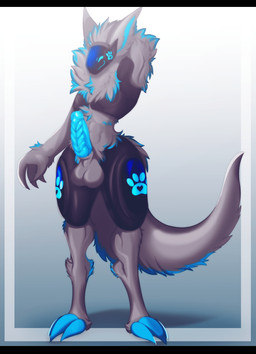 abs anthro balls big_balls big_penis black_bars blue_claws blue_eyes blue_penis claws genitals grey_body heart_symbol machine male pawpads penis solo standing stretching unknown_artist t3ryx protogen hi_res letterbox