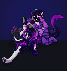 anthro clothing corruption drone dronesuit dronification duo evil_grin female female/female goo_transformation hand_on_bulge hand_on_head horn horn_jewelry hypnotic_gas jewelry latex latex_clothing latex_skinsuit liquid_latex mind_control null_bulge pheromones piercing purple_body skinsuit slime smile tail tight_clothing transformation visor captaincronus gg_(ggthekitty) night_stalker_(xangelicart) canid canine canis felid feline hybrid mammal wolf absurd_res hi_res