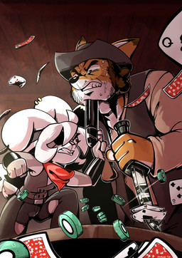 4_fingers ace_of_spades ahoge angry anthro ascot bodily_fluids bottomwear bracelet buckteeth card chaps clenched_teeth clothed clothing cowboy_hat dagger dipstick_ears duo ear_markings ear_piercing eye_patch eyewear facial_hair female fingers fist fur grey_body grey_fur gun hair hat headgear headwear holding_gun holding_object holding_ranged_weapon holding_weapon jewelry kerchief looking_at_another male markings melee_weapon multicolored_ears orange_body orange_fur piercing playing_card poker_chip ranged_weapon red_eyes seven_of_hearts shorts shotgun sideburns size_difference sweat teeth ten_of_clubs three_of_hearts topwear vest weapon white_hair anaugi shotbun_(anaugi) canid canine fox lagomorph leporid mammal rabbit red_fox true_fox 2020 absurd_res hi_res signature