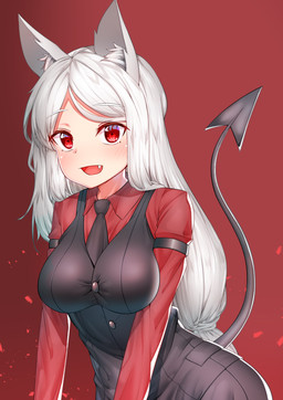 big_breasts blush breasts cute_fangs fangs female hair inner_ear_fluff looking_at_viewer open_mouth red_background red_eyes simple_background smile solo spade_tail tail teeth tuft white_hair deaver helltaker cerberus_(helltaker) animal_humanoid canid canid_humanoid humanoid mammal mammal_humanoid 2020 digital_media_(artwork) hi_res shaded