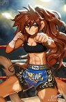 abs anthro bottomwear bra breasts brown_hair cleavage clothed clothing female fighting_ring front_view fully_clothed hair hand_wraps midriff muscular muscular_anthro muscular_female shorts solo sports_bra underwear wraps yellow_eyes dragonfu haplorhine mammal monkey primate 2024 hi_res