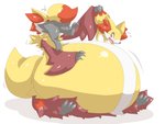 abdominal_bulge ambiguous_gender belly big_belly fur group huge_belly hyper hyper_belly inner_ear_fluff sitting tuft vore yellow_body yellow_fur dlrowdog nintendo pokemon braixen canid canine delphox fennekin generation_6_pokemon mammal pokemon_(species) 4:3