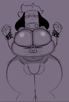 angry anthro big_breasts big_bulge black_nose blush bracelet breasts bulge collar floppy_ears fur glistening glistening_breasts gynomorph hair huge_bulge intersex jewelry looking_at_viewer navel simple_background solo spiked_bracelet spiked_collar spikes standing thick_thighs zipper cofficremer canid canine mammal 2024 digital_media_(artwork) monochrome