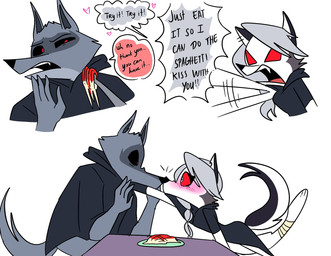 4_fingers ankle_wraps anthro black_sclera blush clothing cutlery dialogue digitigrade duo eye_contact female fingers food fork fur grey_body grey_fur grey_hair hair heart_symbol kitchen_utensils looking_at_another male nose_to_nose one_leg_up pasta ponytail raised_leg red_eyes red_sclera robe spaghetti speech_bubble text tools white_eyes emositecc dreamworks hellaverse helluva_boss mythology puss_in_boots_(franchise) death_(puss_in_boots) loona_(helluva_boss) canid canid_demon canine canis demon hellhound mammal mythological_canine mythological_creature wolf colored comic english_text hi_res