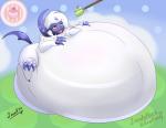 ambiguous_gender belly big_belly feral huge_belly hyper hyper_belly inflation obese offscreen_character overweight poke_puff red_eyes resting_on_belly solo stuffing weight_gain leonkatlovre nintendo pokemon pokemon_amie absol generation_3_pokemon mammal pokemon_(species) hi_res