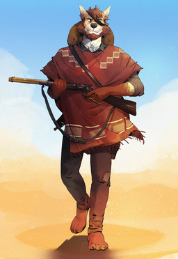 anthro beard clothed clothed_male clothing day desert eye_patch eyewear facial_hair gun hat headgear headwear holding_gun holding_object holding_ranged_weapon holding_rifle holding_weapon male male_anthro outside patched_clothing poncho ranged_weapon rifle solo standing weapon western arcticlion itreyu canid canine mammal hi_res
