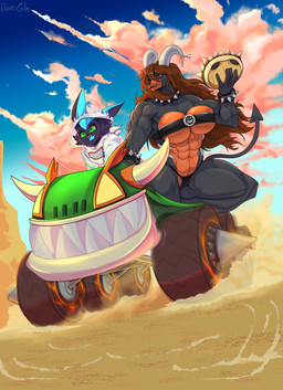 abs anthro black_body blue_tongue bowser's_shell bowser_logo bracelet brown_hair clothing cloud cloudy_sky collar cosplay costume desert duo female green_eyes hair hoodie jewelry larger_female male muscular muscular_female red_eyes sand size_difference skimpy_bikini sky spiked_bracelet spiked_collar spikes tail tongue tongue_out topwear vehicle video_game_reference doorglin mario_kart:_double_dash!! nintendo pokemon aster_victini_(aster) diana_za_warudo_(genozawarudo) generation_2_pokemon generation_5_pokemon houndoom legendary_pokemon pokemon_(species) victini absurd_res hi_res