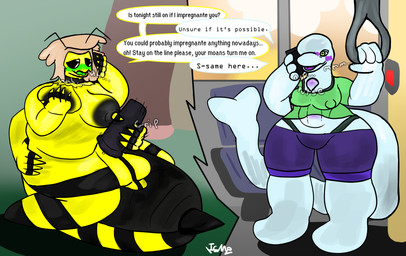 4_arms abdominal_bulge antennae_(anatomy) anthro arthropod_abdomen big_abdomen black_nipples blush bottom_heavy bra breast_play breasts clothed clothed_anthro clothed_female clothing dialogue duo featureless_feet feet female gynomorph intersex intersex/female moan multi_arm multi_limb nipple_outline nipples non-euclidean_sex nude_anthro penetrable_sex_toy phone_call phone_sex portal_fleshlight portal_sex public public_sex public_transportation sex sex_toy sky speech_bubble sunset tail text thinking_with_portals titfuck titfuck_through_body titfuck_under_clothes underwear ishitmypants bell_(ishitmypants) vene_(ishitmypants) aquatic arthropod bee beluga cetacean hymenopteran insect mammal monodontid toothed_whale english_text herm_(lore)