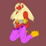 1:1 anthro aroused blaziken blue_eyes blush breast_growth breasts clothed clothing colored feathers female fire fur gender_transformation generation_3_pokemon growth hair hand_on_hip hi_res kaitofletcher kneeling long_hair medium_breasts mind_alteration mtf_transformation nintendo open_mouth personality_change pokemon pokemon_(species) red_body red_feathers solo species_transformation thick_thighs transformation yellow_body yellow_feathers yellow_fur