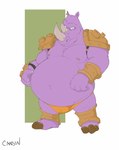 anthro belly big_belly clothing cuff_(restraint) ear_piercing facial_horn hand_on_belly horn male mouth_closed navel nipple_piercing nipples nose_horn obese obese_anthro obese_male overweight overweight_anthro overweight_male piercing purple_body restraints shackles shoulder_pads solo standing thong underwear canson altered_beast disney sega wreck-it_ralph neff_(altered_beast) van_vader mammal rhinoceros 2023 hi_res signature