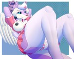 anthro arms_above_head black_nipples black_sclera blue_eyes bottomwear breasts clothed clothing female fur hair looking_at_viewer nipples nurse_clothing nurse_uniform panties pink_body pink_fur simple_background skirt smile solo underwear uniform white_body white_fur white_hair wings polt.avi aurora_(shai_dreamcast) canid canine canis jackal mammal 2022 absurd_res digital_drawing_(artwork) digital_media_(artwork) hi_res