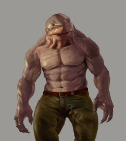 anthro belt bottomwear brown_belt chest_scar clothed clothing front_view green_bottomwear green_clothing green_pants grey_background grey_body male male_anthro muscular muscular_anthro muscular_male navel pants scar sharp_teeth simple_background solo standing teeth topless aduran dc_comics king_shark aquatic fish shark absurd_res hi_res portrait three-quarter_portrait