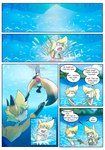 anthro biped blonde_hair blue_eyes clothed clothing dialogue duo female hair male partially_submerged speech_bubble tail text water young young_anthro young_female young_male galo tammy_(tycloud) tycloud canid canine fox mammal absurd_res comic english_text hi_res cousins_(lore)