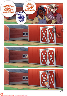 anthro barefoot black_body black_fur black_hair blue_bottomwear blue_clothing blue_overalls blue_shorts bottomwear brown_body brown_fur brown_hooves checkered checkered_clothing checkered_shirt checkered_topwear clothing dialogue feet femboy fur grey_clothing grey_horn grey_shirt grey_topwear hair hooves horn kerchief male muscular muscular_anthro muscular_male offscreen_character overalls pattern_clothing pattern_shirt pattern_topwear pink_body pink_fur pink_hair profanity purple_clothing purple_shirt purple_topwear red_kerchief shirt shorts text topwear white_hair tokifuji ice_cream_(tokifuji) bovid bovine cattle equid equine horse mammal 2025 comic english_text hi_res