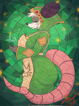 anthro apron big_breasts big_butt breasts butt clothing curved_tail eyes_closed fangs female grey_body hairless_tail head_tuft hood huge_butt nails robe sharp_nails side_view smile solo stained_glass tail teeth tuft white_body fol_ink atlyss sally_(atlyss) american_opossum chang_(atlyss) mammal marsupial 2025 digital_drawing_(artwork) digital_media_(artwork) hi_res
