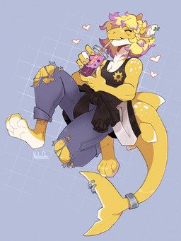 anthro beverage bottomwear braided_hair breasts bubble_tea clothed clothing container cup denim denim_bottomwear denim_clothing disposable_cup drinking drinking_straw ear_piercing eyes_closed female hair heart_symbol jeans muscular muscular_anthro muscular_female non-mammal_breasts pants pattern_background paws piercing simple_background smile solo torn_bottomwear torn_clothing torn_jeans torn_pants vailet_deer aquatic fish shark 3:4 hi_res