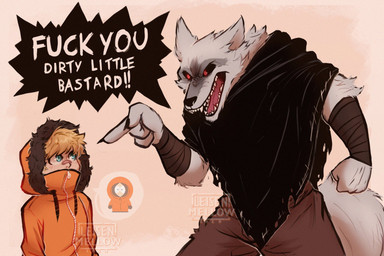 4_fingers age_difference angry annoyed anthro arm_wrapping arm_wraps blonde_hair blue_eyes bottomwear cheek_tuft claws cloak clothing coat dialogue duo ears_back facial_markings facial_tuft fangs fingers fist fluffy fluffy_tail fur fuzzy gesture grey_body grey_fur hair hand_gesture head_markings hood hood_up hooded_jacket insult looking_at_another male markings mask_(marking) narrowed_eyes neck_tuft older_anthro older_male open_mouth pants pivoted_ears pointing pointing_at_another poncho profanity red_eyes simple_background size_difference speech_bubble standing tail teeth text topwear tuft winter_clothing winter_coat wrapped_arms wraps yelling younger_human younger_male leisen_mellow comedy_central dreamworks puss_in_boots_(franchise) south_park death_(puss_in_boots) kenneth_mccormick canid canine canis human mammal wolf 3:2 crossover english_text hi_res watermark young_(lore)