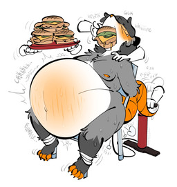 air_inflation anthro belly belly_blush belly_inflation bicycle_pump big_belly bloated blush bodily_fluids body_blush chest_tuft chicken_meat chicken_sandwich disembodied_hand eyes_closed food force_feeding forced fur ghost_hand grey_body grey_fur grey_hair group hair hands_behind_back hose hose_inflation huge_belly hyper hyper_belly hyper_inflation inflation leg_markings male markings meat navel nipples onomatopoeia orange_nipples orange_nose orange_tail rumbling_stomach socks_(marking) solo_focus sound_effects stuffing sweat sweaty_arms sweaty_belly sweaty_body sweaty_chest sweaty_legs tail text tied_to_chair tuft white_body white_fur kafrizzzle hi_res