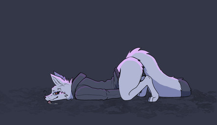 anthro ass_up barefoot black_tail_tip bodily_fluids bottomless bottomless_anthro bottomless_female butt clothed clothing digitigrade dipstick_tail feet female fur hoodie hoodie_only markings presenting presenting_hindquarters red_eyes saliva saliva_on_tongue side_view simple_background solo tail tail_markings tongue tongue_out topwear topwear_only white_body white_fur garbagegarage canid canine fox mammal