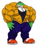 5_fingers anthro big_muscles bottomwear clothing coat fingers footwear frown huge_muscles hyper hyper_muscles male muscular muscular_anthro muscular_male pants plantigrade shirt shoes simple_background solo standing topwear white_background fierglief mario_bros nintendo green_yoshi yoshi 2019 absurd_res hi_res