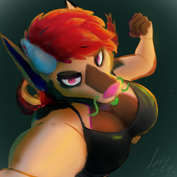 5_fingers anthro barbel_(anatomy) big_breasts blep breasts brown_body clothing female fingers flesh_whiskers hair horn looking_at_viewer perspective pink_eyes pupils red_hair simple_background slit_pupils solo tail tan_body tongue tongue_out topwear andy_234 mythology dragon mythological_creature mythological_scalie scalie 1:1 absurd_res hi_res signature