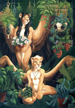 anthro black_hair blonde_hair breasts convenient_censorship duo feathered_wings feathers female flower fur garden hair hair_covering_breasts jewelry navel necklace nipples nude nude_anthro nude_female pendant plant sitting standing tan_body tan_fur whisker_spots whiskers wings scale_(artist) felid lion mammal pantherine hi_res oil_painting_(artwork) painting_(artwork) traditional_media_(artwork) traditional_painting_(artwork)